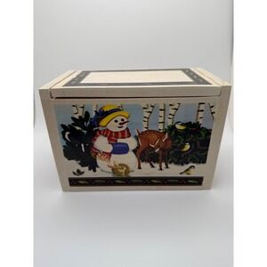 Vintage Christmas Snowman Recipe Card Box Holder & Santa Bell Holiday Decor